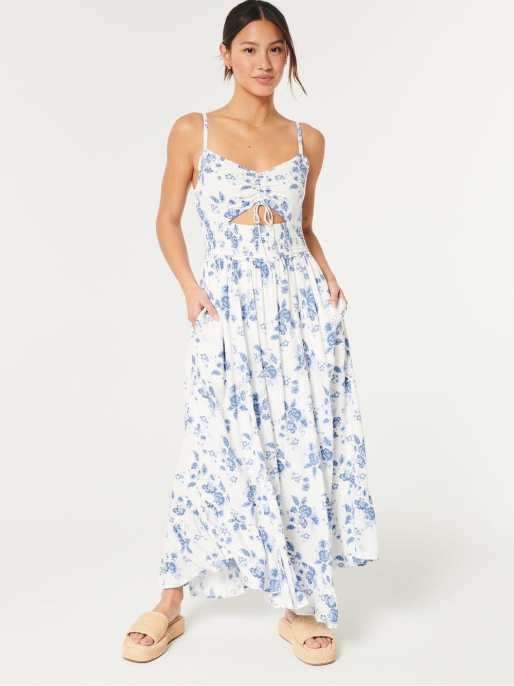 Hollister Blue & White Floral Asymmetrical Hem Maxi Dress | Women’s Small